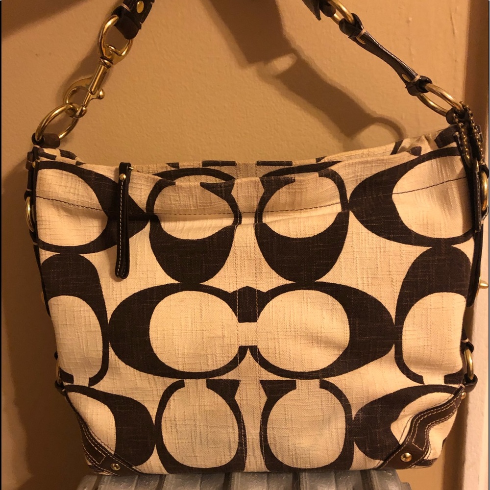 Cream linen Coach tote & cosmetic bag